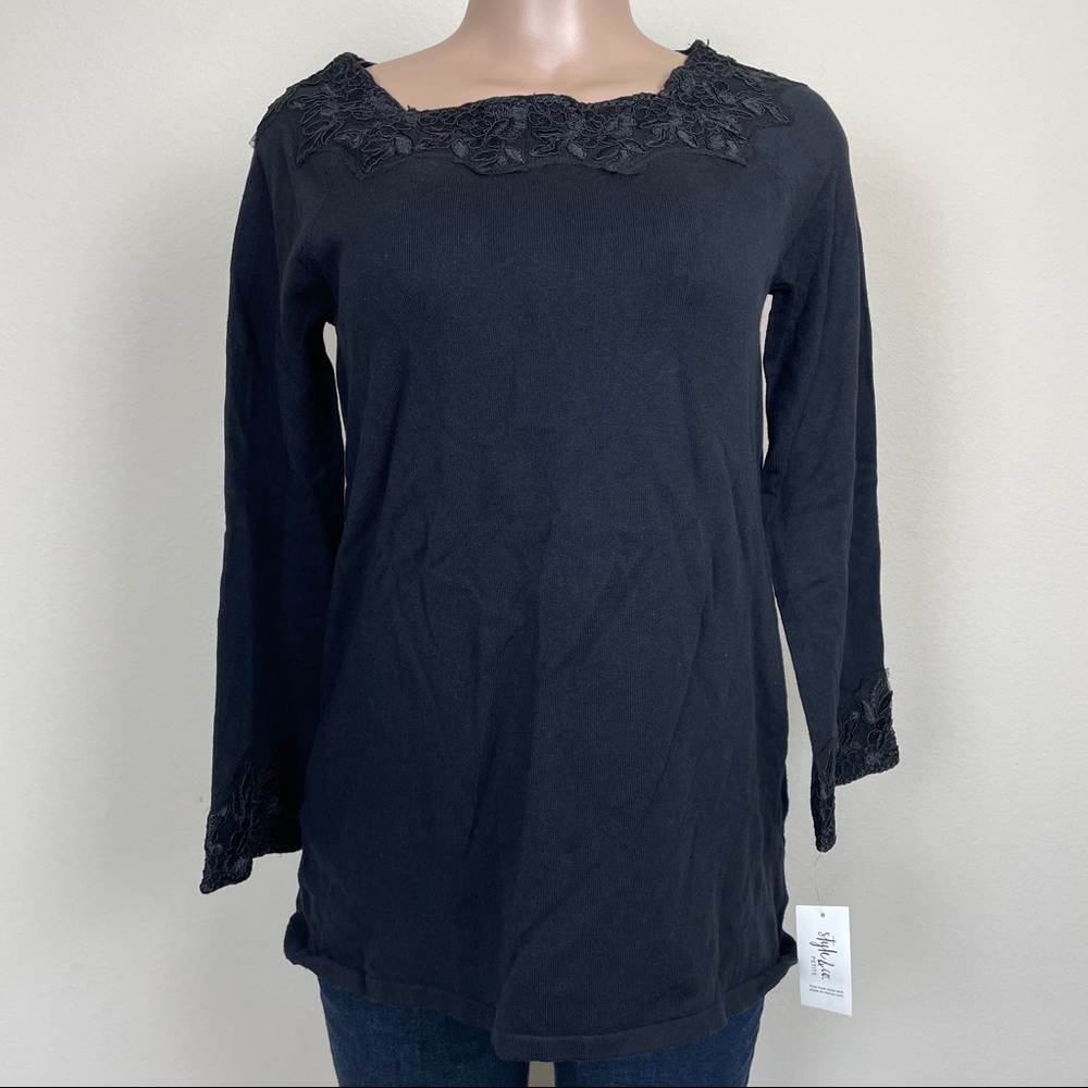 New Style Co Petite Sz Medium Black Top Blouse Lace-Trim Sweater Tunic Deep
